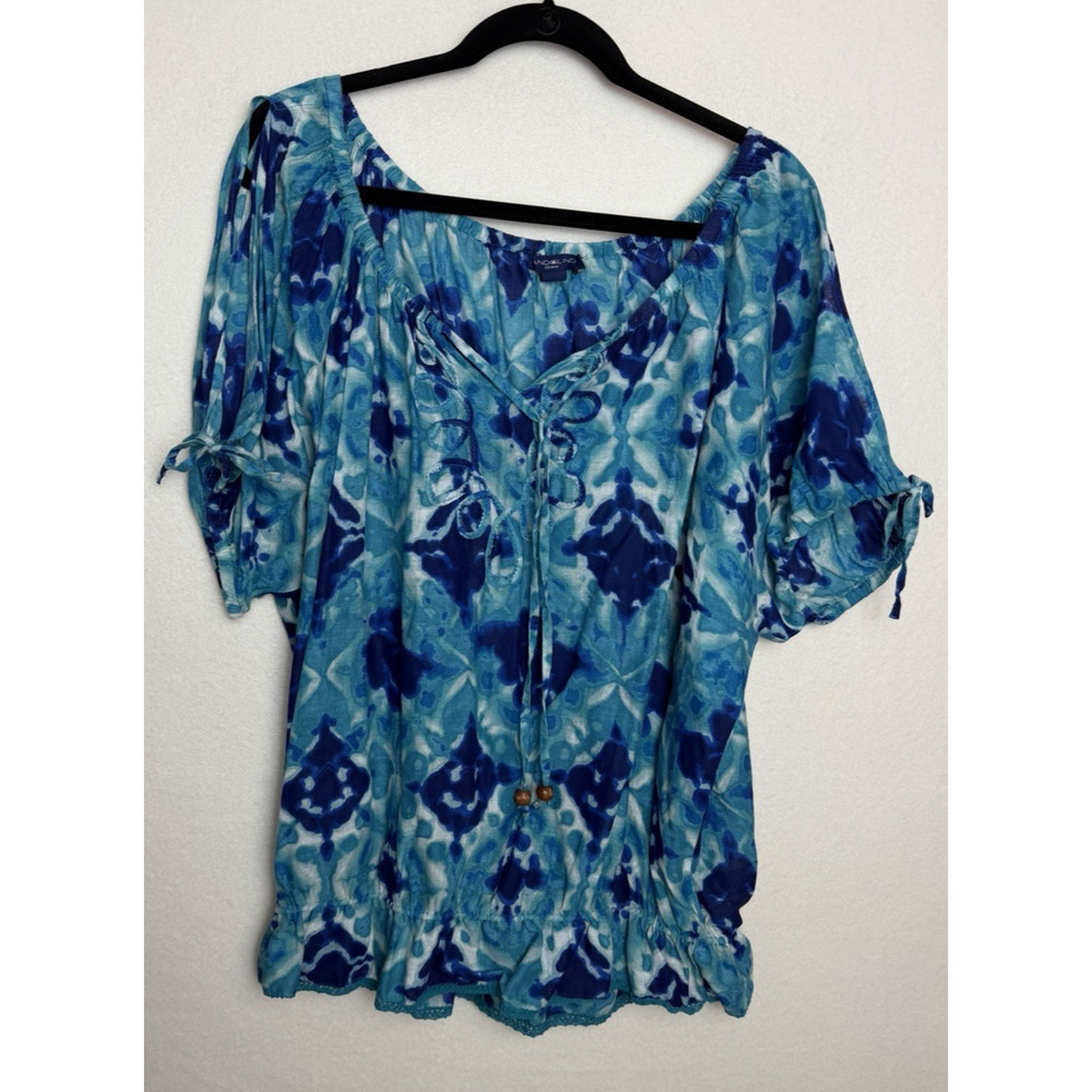 Bandolino Denim Women's Blue Tie Dye Blouse Size Large Tie Neck